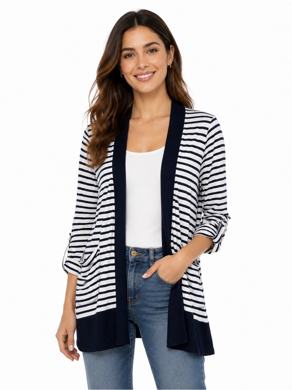 Splendid Navy and White Striped Open-Front Cardigan
